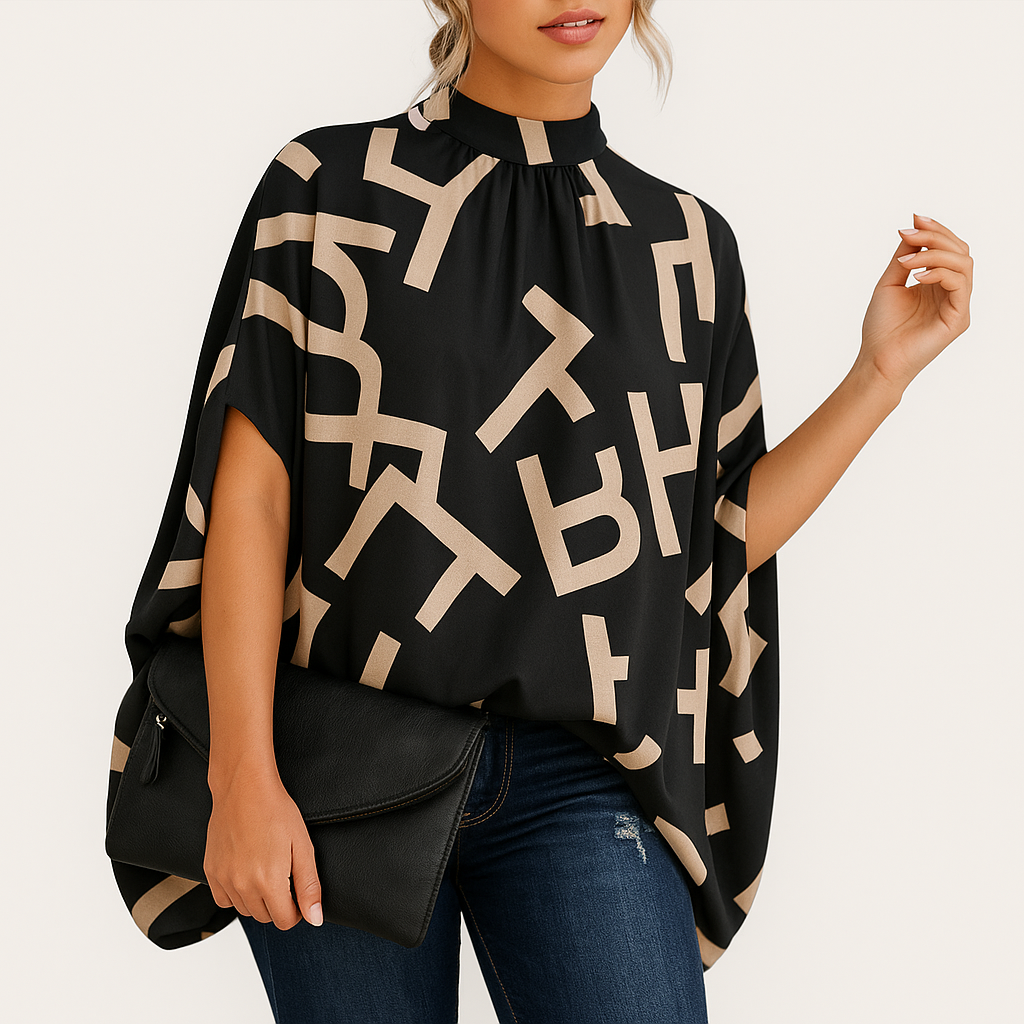 Damen Bluse mit Linienmuster und Stehkragen locker - Schwarze Buchstaben
