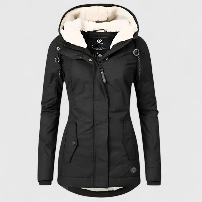 Damen Parka lang mit Kapuze und sichtbarem Fleecefutter - Schwarz