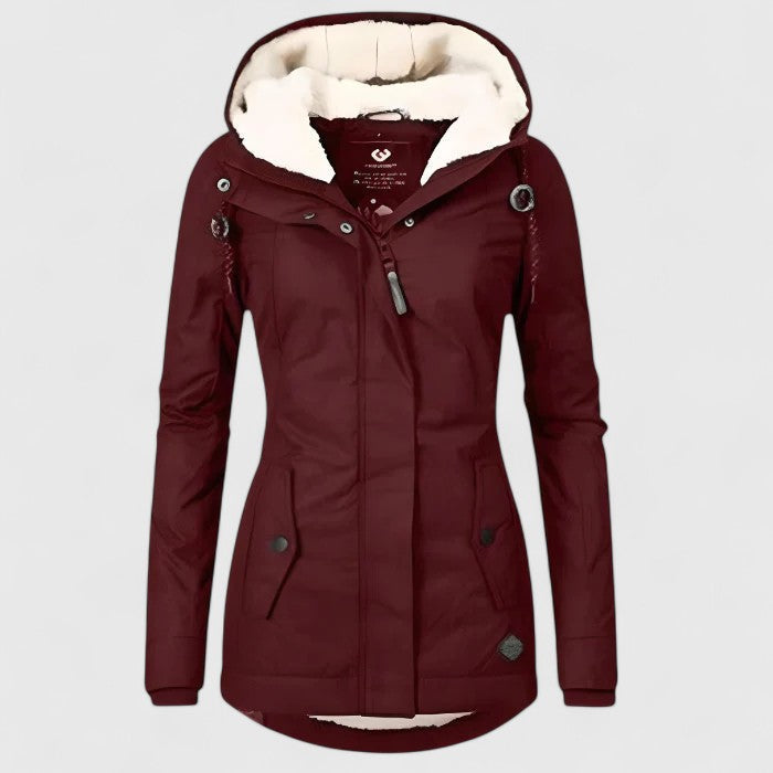 Damen Parka lang mit Kapuze und sichtbarem Fleecefutter - Rot