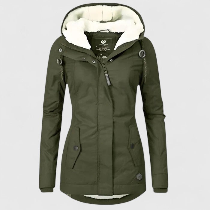 Damen Parka lang mit Kapuze und sichtbarem Fleecefutter - Grün