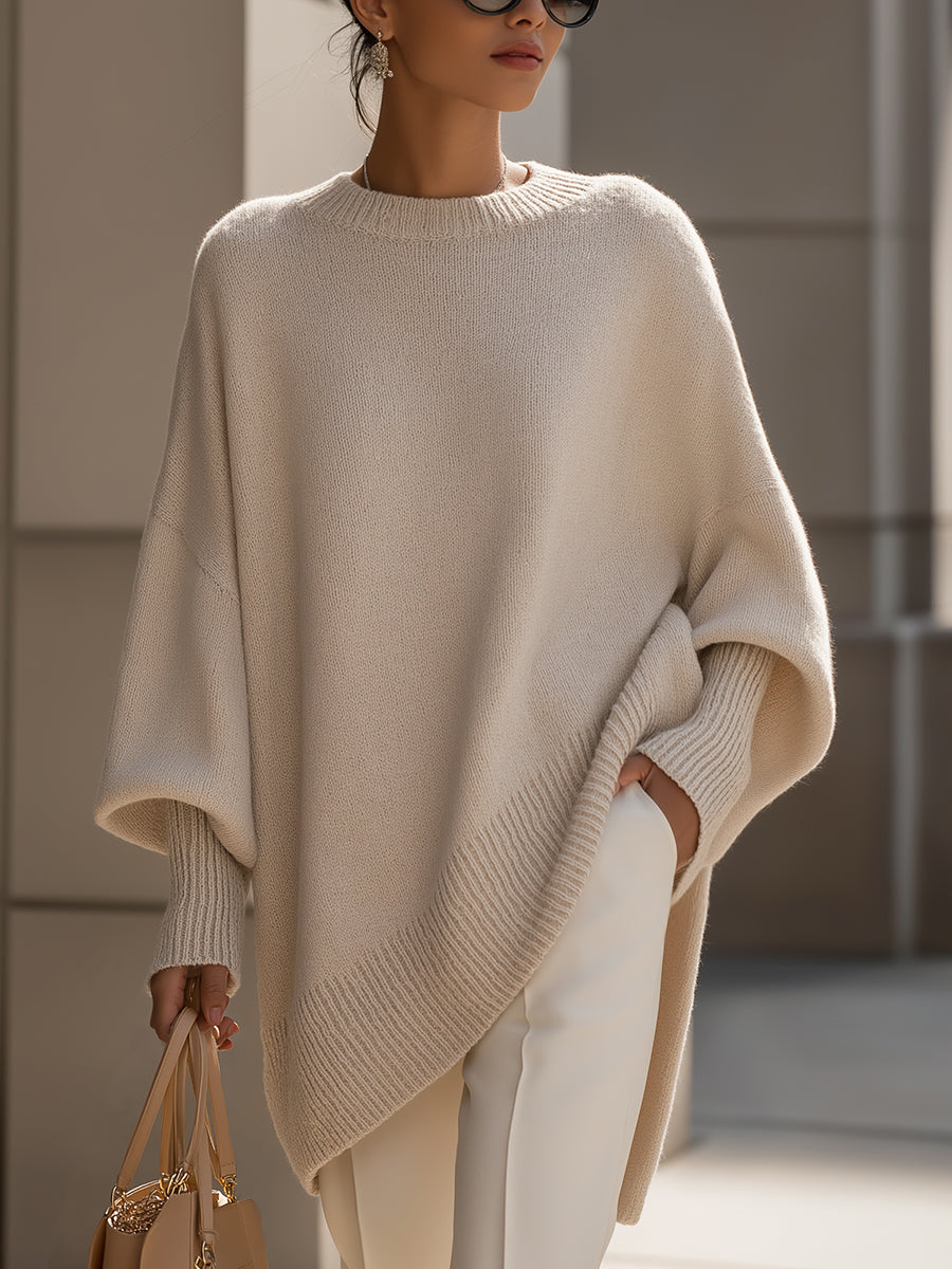 Damen Poncho Pullover mit asymmetrischem Saum und Rundhals - Beige