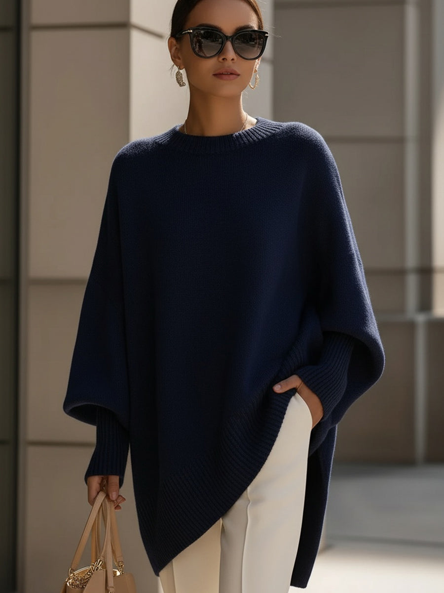 Damen Poncho Pullover mit asymmetrischem Saum und Rundhals - Marineblau