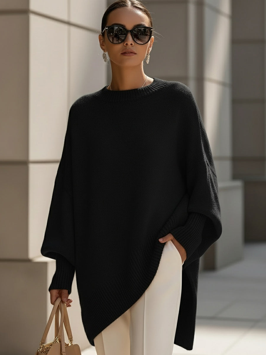 Damen Poncho Pullover mit asymmetrischem Saum und Rundhals - Schwarz