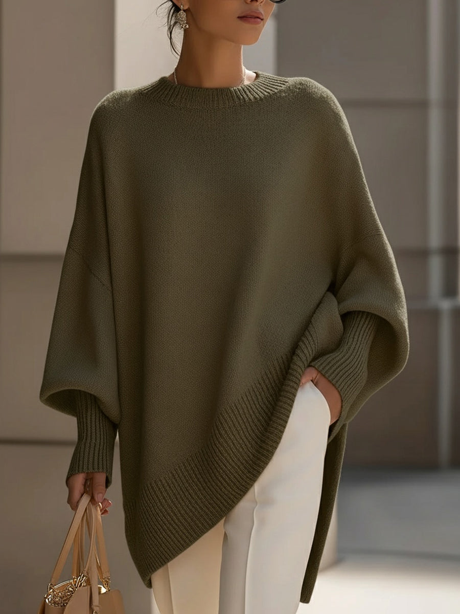 Damen Poncho Pullover mit asymmetrischem Saum und Rundhals - Olivgrün
