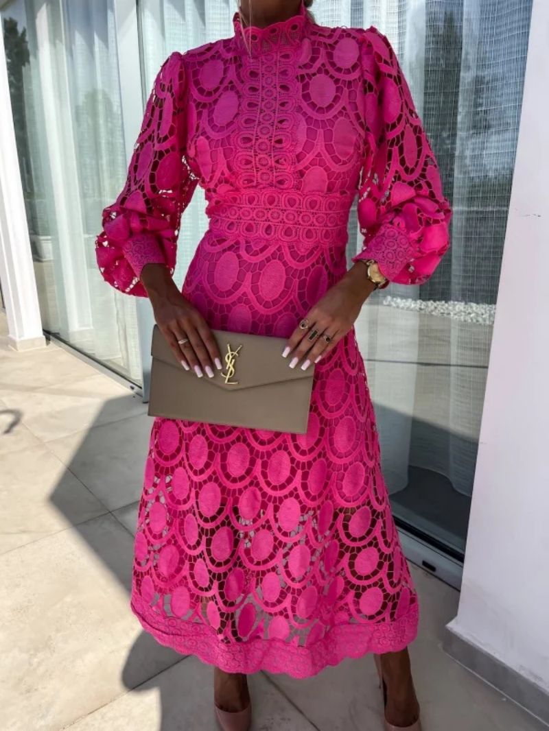 Damen Spitzenkleid midi mit langen Ärmeln und Rundhals