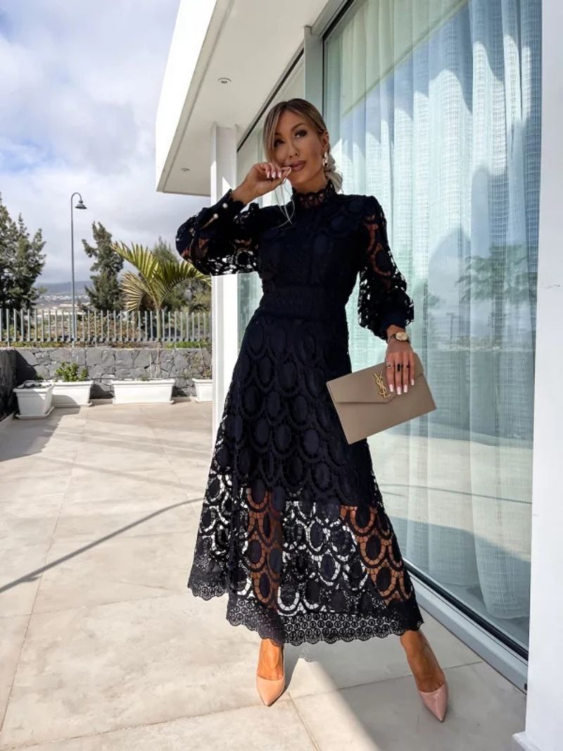 Damen Spitzenkleid midi mit langen Ärmeln und Rundhals - Schwarz