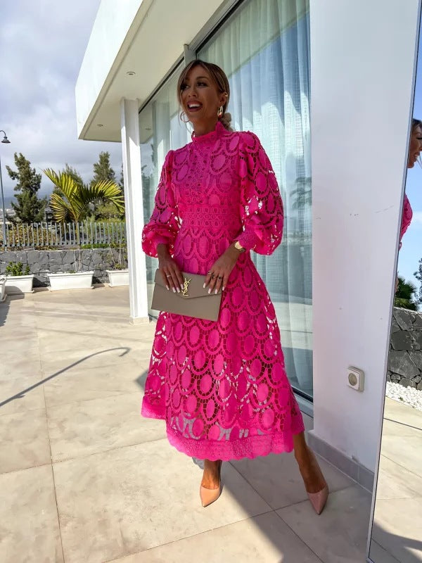 Damen Spitzenkleid midi mit langen Ärmeln und Rundhals - Rosa