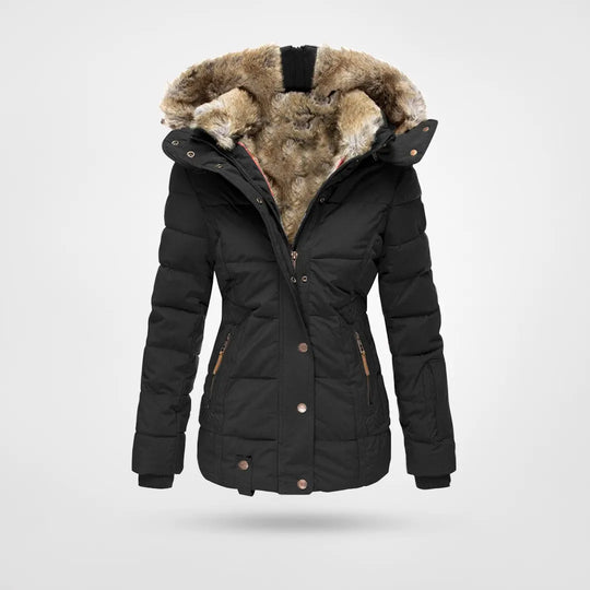 Damen Steppjacke mit Kunstfellkapuze und Taillennaht - Schwarz