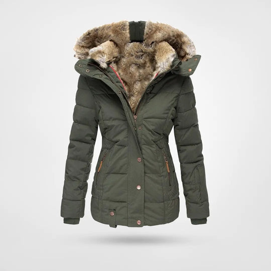 Damen Steppjacke mit Kunstfellkapuze und Taillennaht - Grün