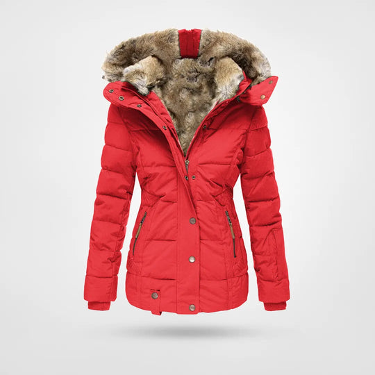 Damen Steppjacke mit Kunstfellkapuze und Taillennaht - Rot