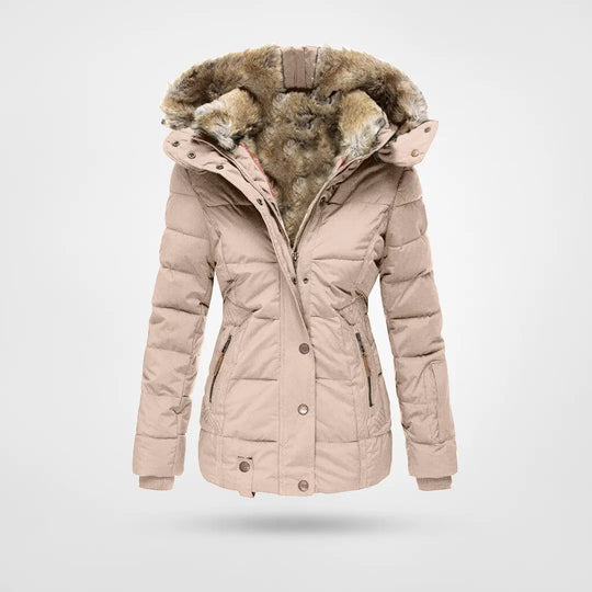 Damen Steppjacke mit Kunstfellkapuze und Taillennaht - Rosa