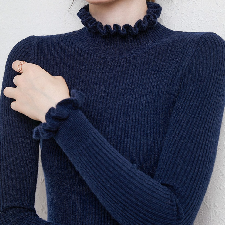 Damen Strick Top mit Rüschenkragen und langen Ärmeln - Blau