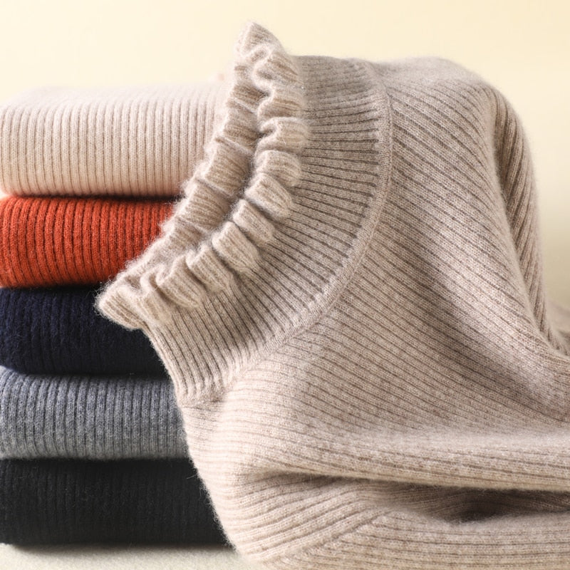 Damen Strick Top mit Rüschenkragen und langen Ärmeln