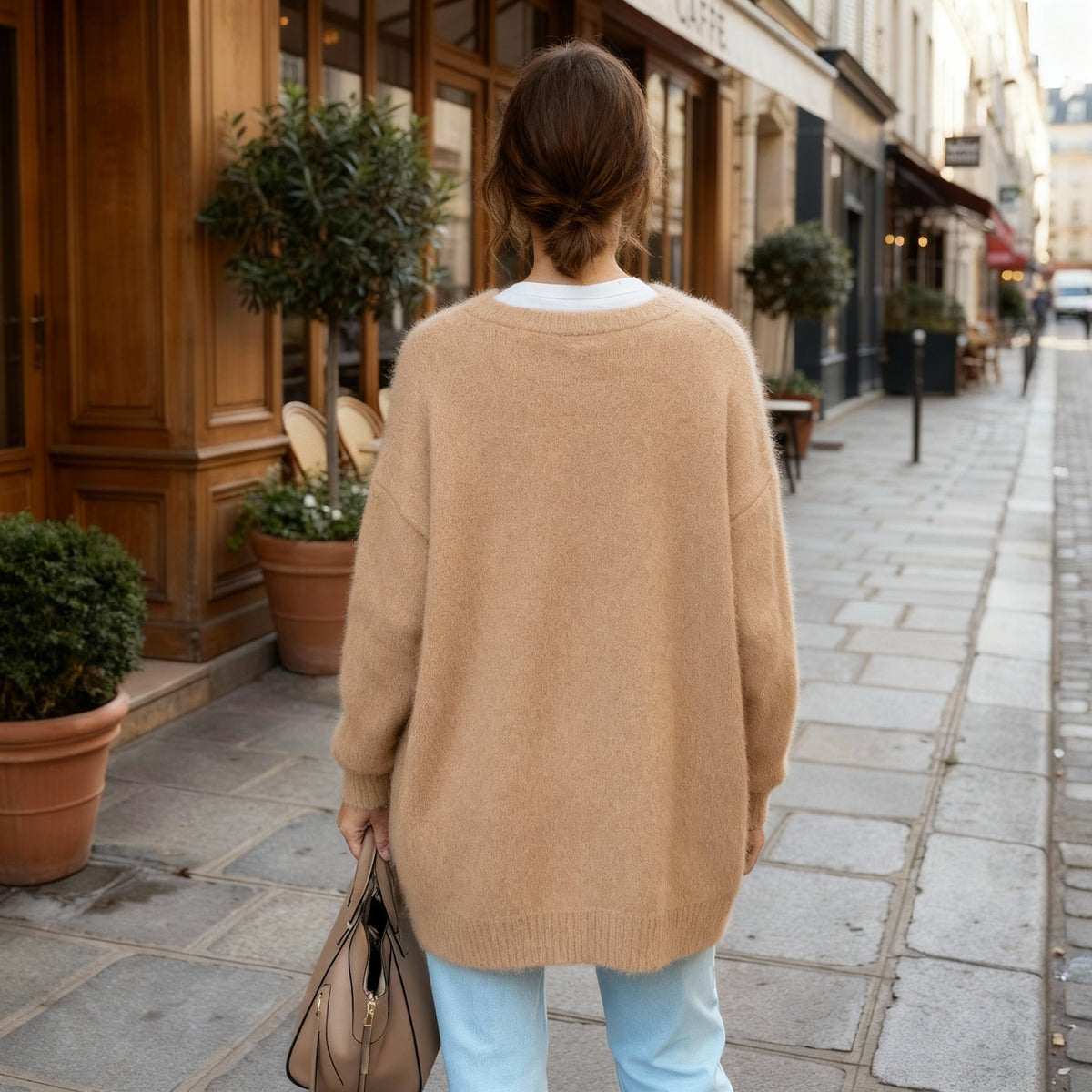 Damen Strickjacke lang offen mit aufgesetzten Taschen