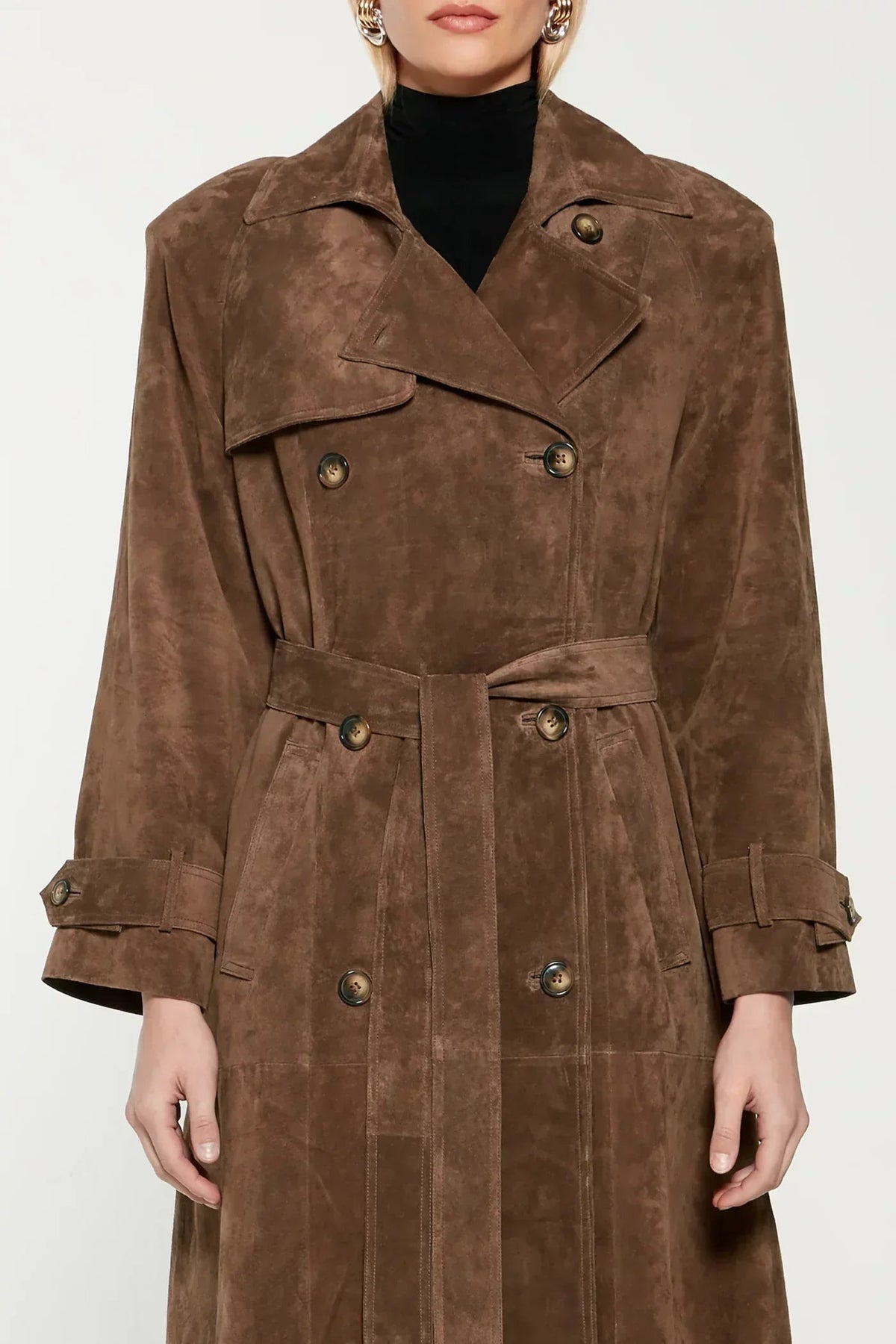 Damen Trenchcoat extralang in Wildlederoptik mit Gürtel