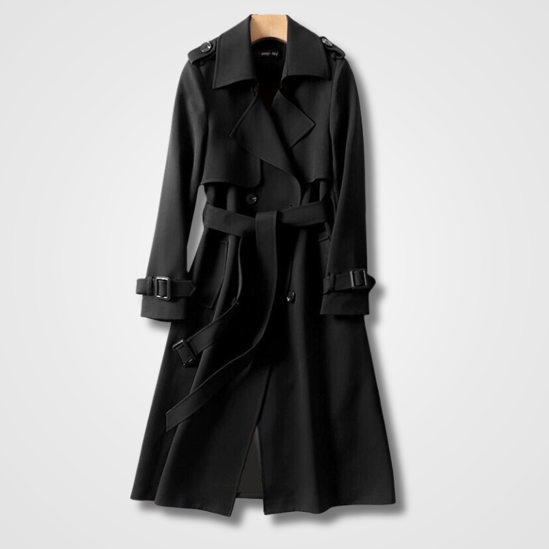 Damen Trenchcoat tailliert mit Schulterklappen und Gürtel - Schwarz