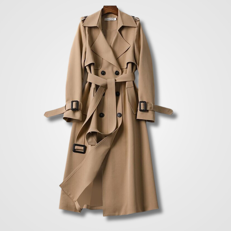 Damen Trenchcoat tailliert mit Schulterklappen und Gürtel - Khaki