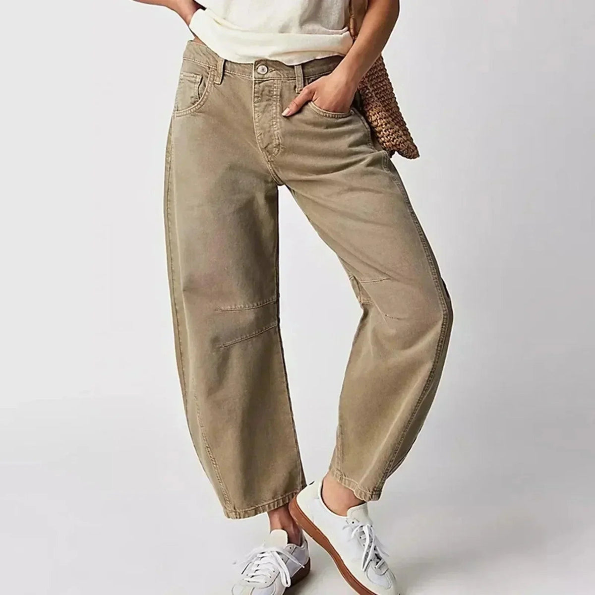 Damen Weite Jeans im Barrel Schnitt mit hohem Bund - Beige