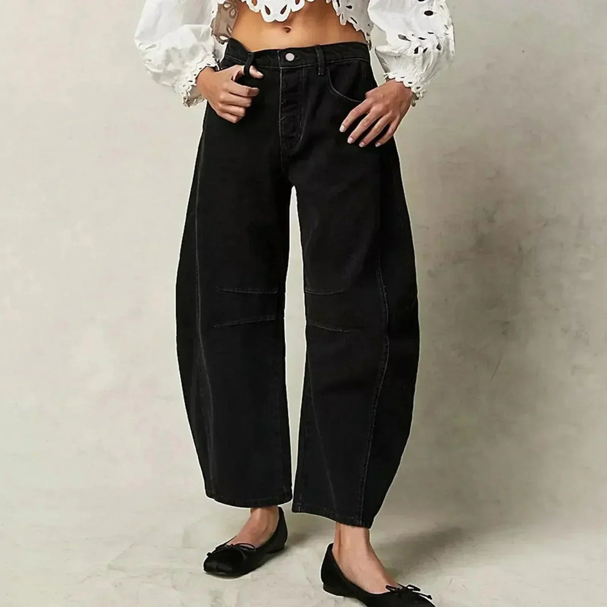 Damen Weite Jeans im Barrel Schnitt mit hohem Bund - Schwarz