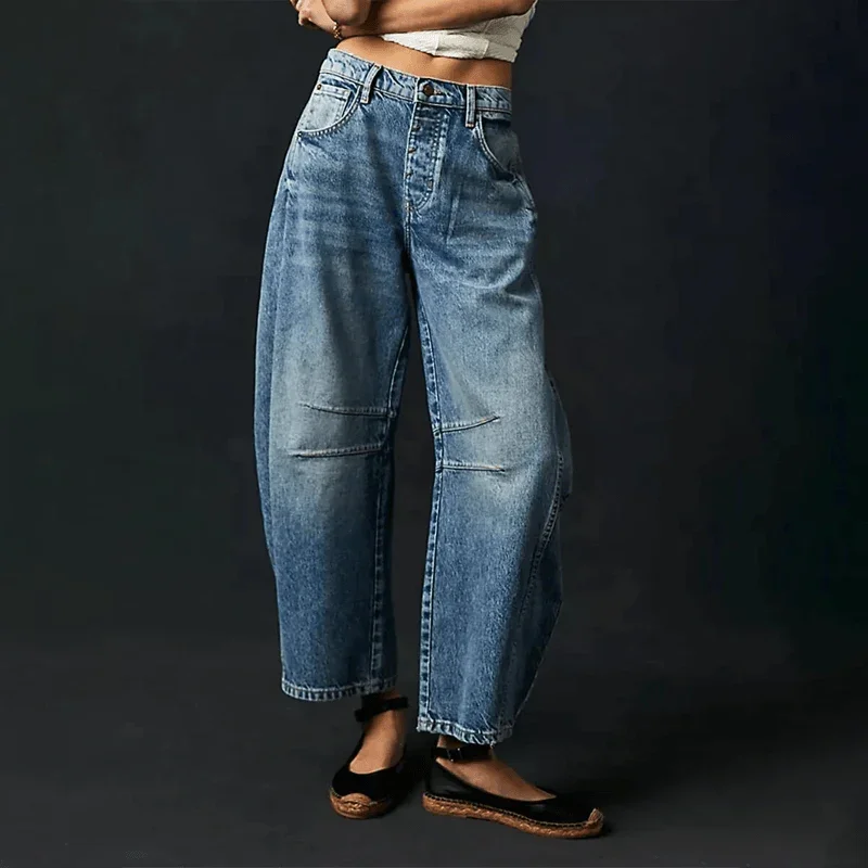 Damen Weite Jeans im Barrel Schnitt mit hohem Bund - Dunkelblau