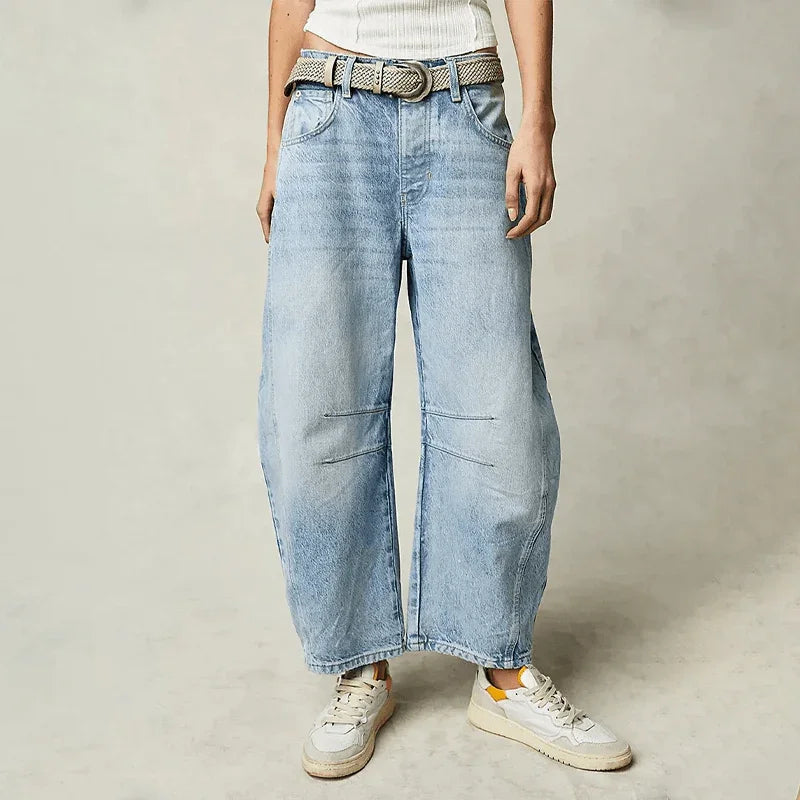 Damen Weite Jeans im Barrel Schnitt mit hohem Bund - Hellblau