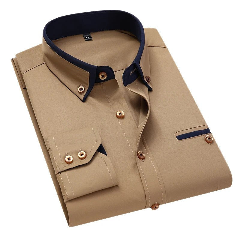 Herrenhemd mit Kontrastkragen und eingefasster Brusttasche - Khaki #Farbe_Khaki