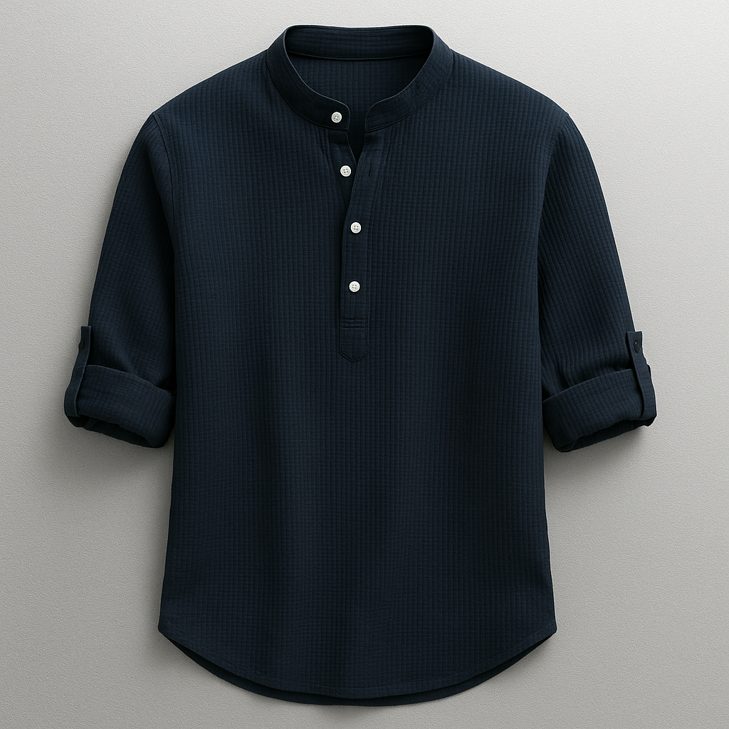 Herrenhemd mit Stehkragen und kurzer Knopfleiste - Marineblau #Farbe_Marineblau