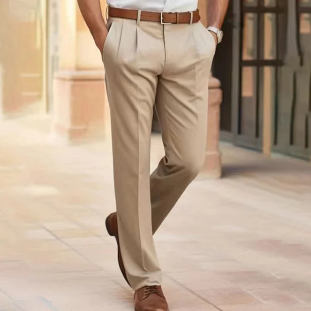 Hose Herren mit geradem Bein und schmalen Bundfalten - Beige #Farbe_Beige
