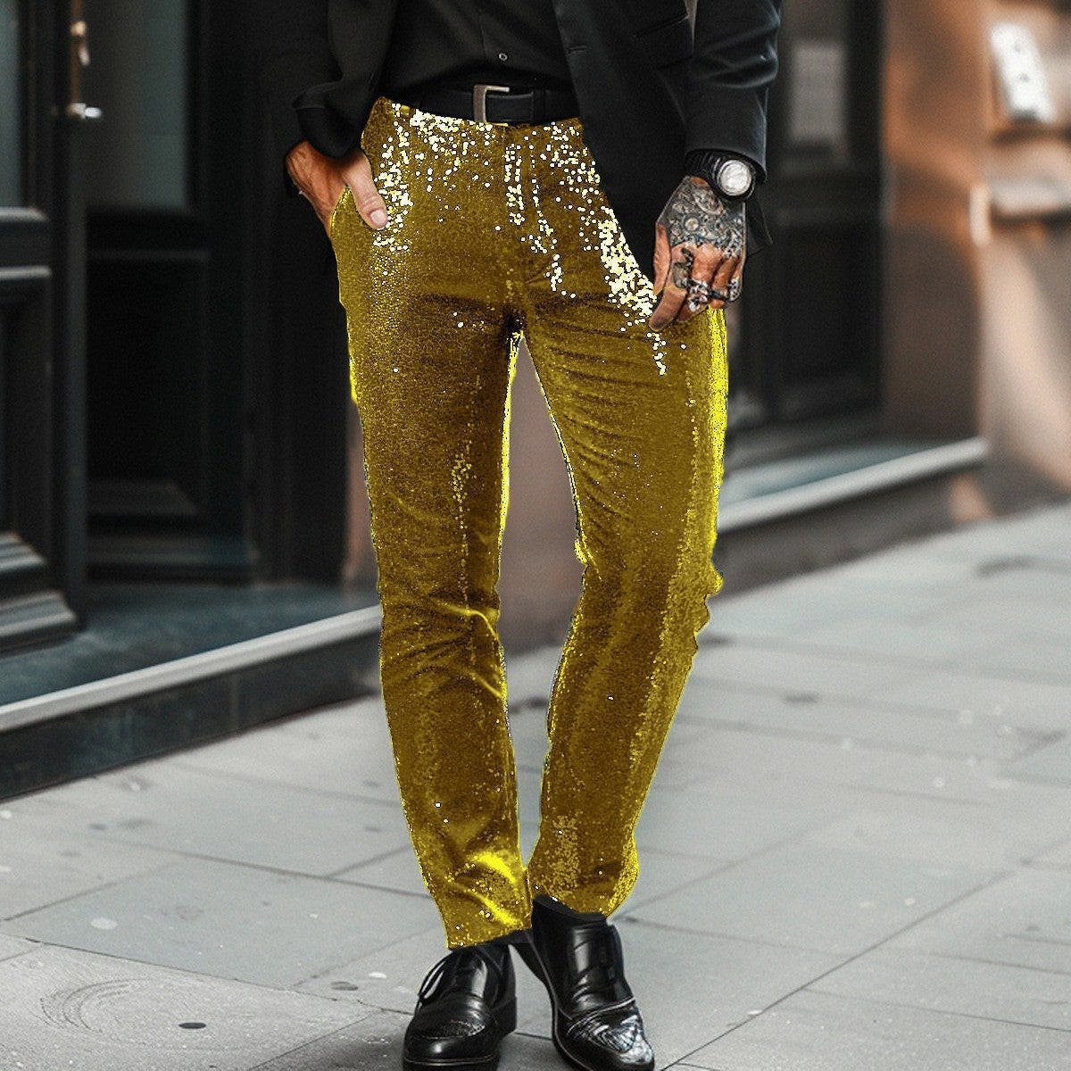 Hose Herren mit Pailletten und geradem langem Bein - Gold #Farbe_Gold