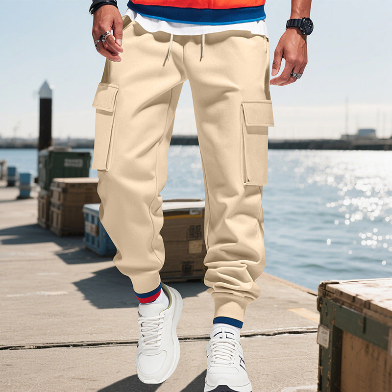 Jogginghose Herren mit langen Cargotaschen und Bindebund - Khaki #Farbe_Khaki