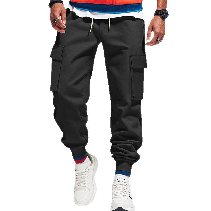 Jogginghose Herren mit langen Cargotaschen und Bindebund - Schwarz #Farbe_Schwarz