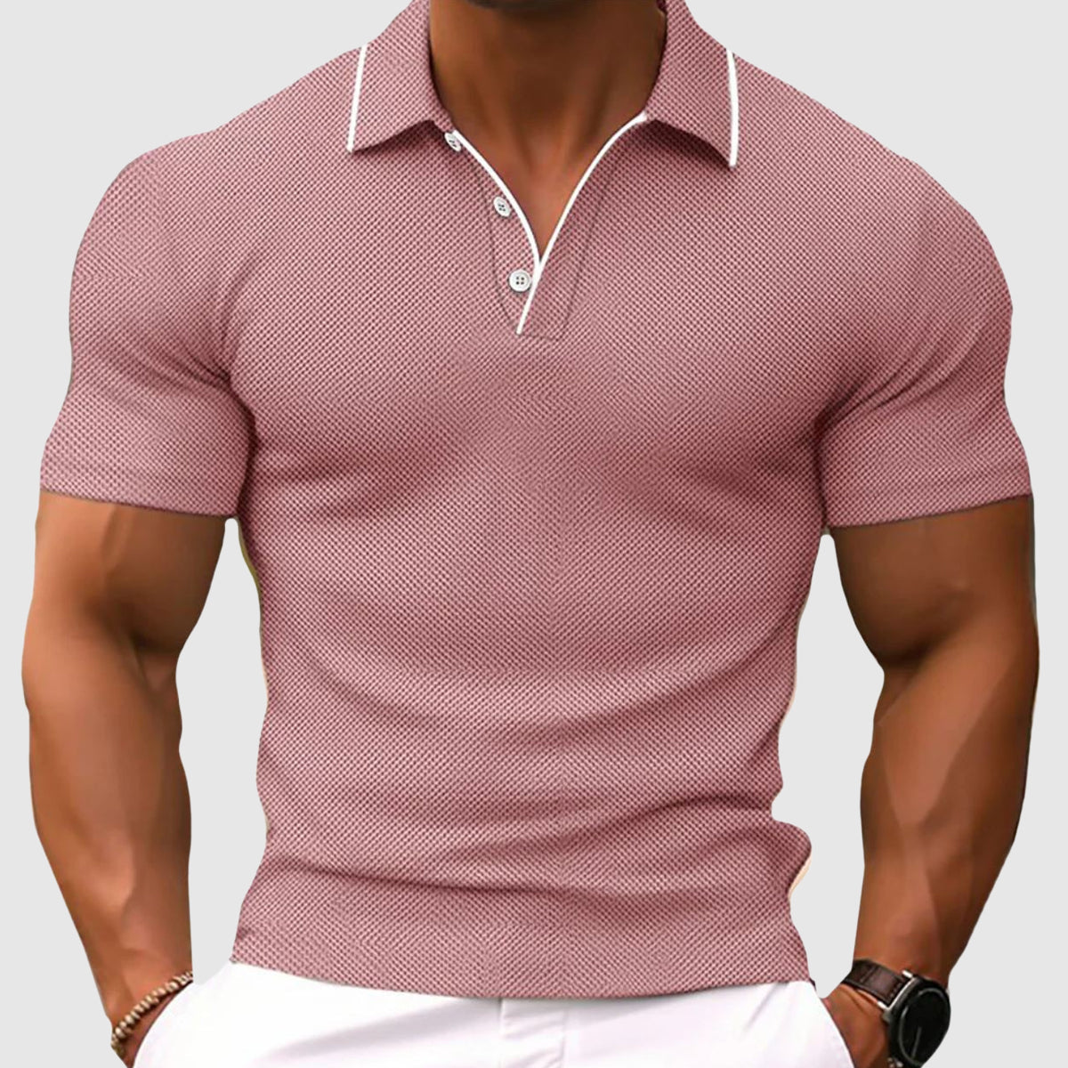 Poloshirt Herren kurzarm mit heller Kragenkante - Rosa #Farbe_Rosa