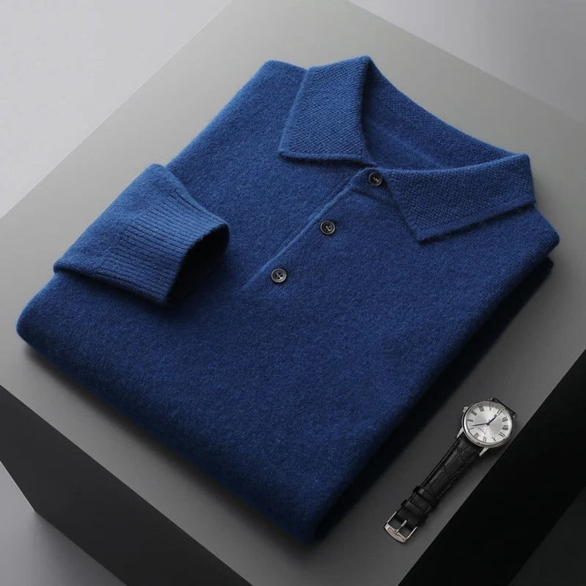 Poloshirt Herren langarm mit drei Knöpfen und Rippbund - Marineblau #Farbe_Marineblau