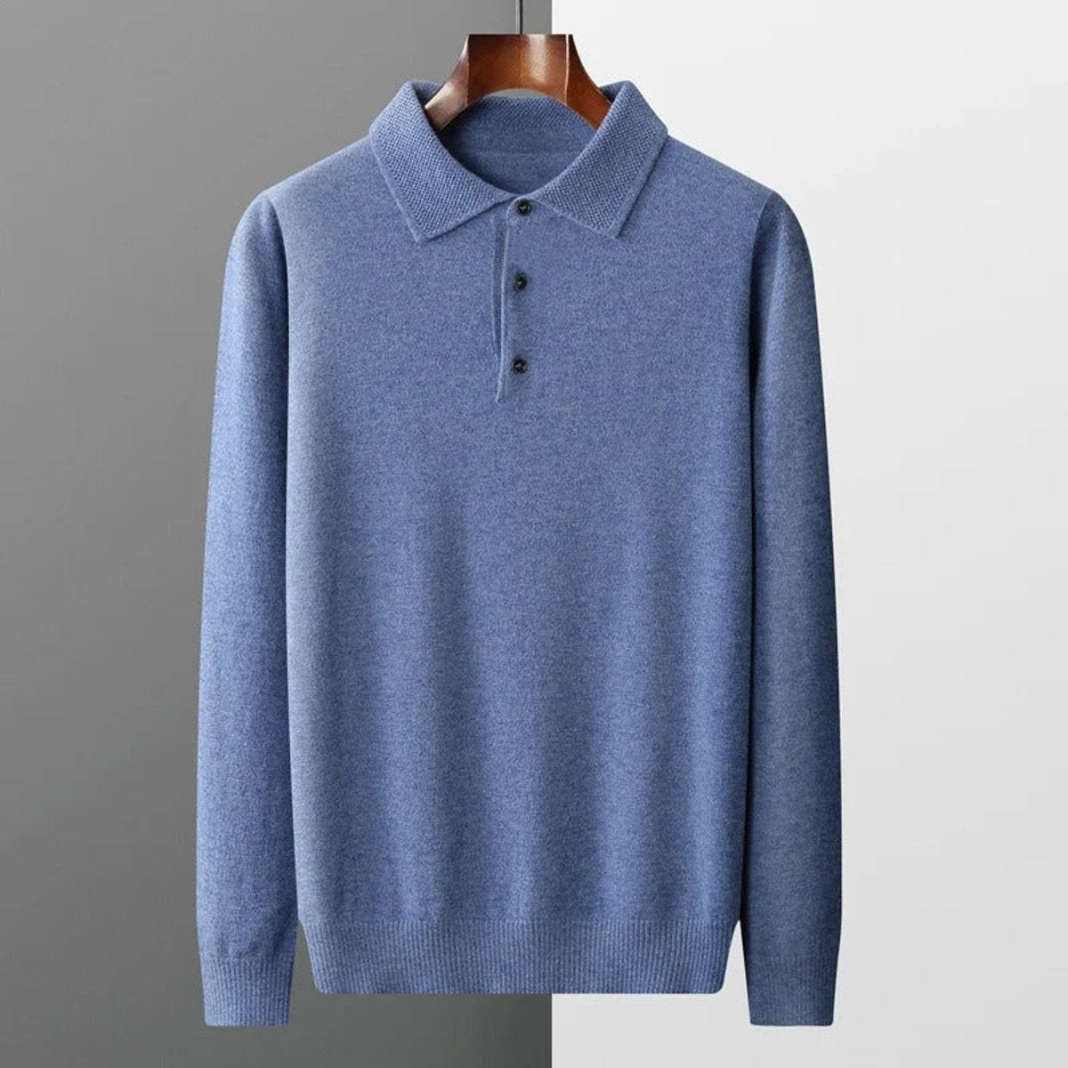 Poloshirt Herren langarm mit drei Knöpfen und Rippbund - Blau #Farbe_Blau