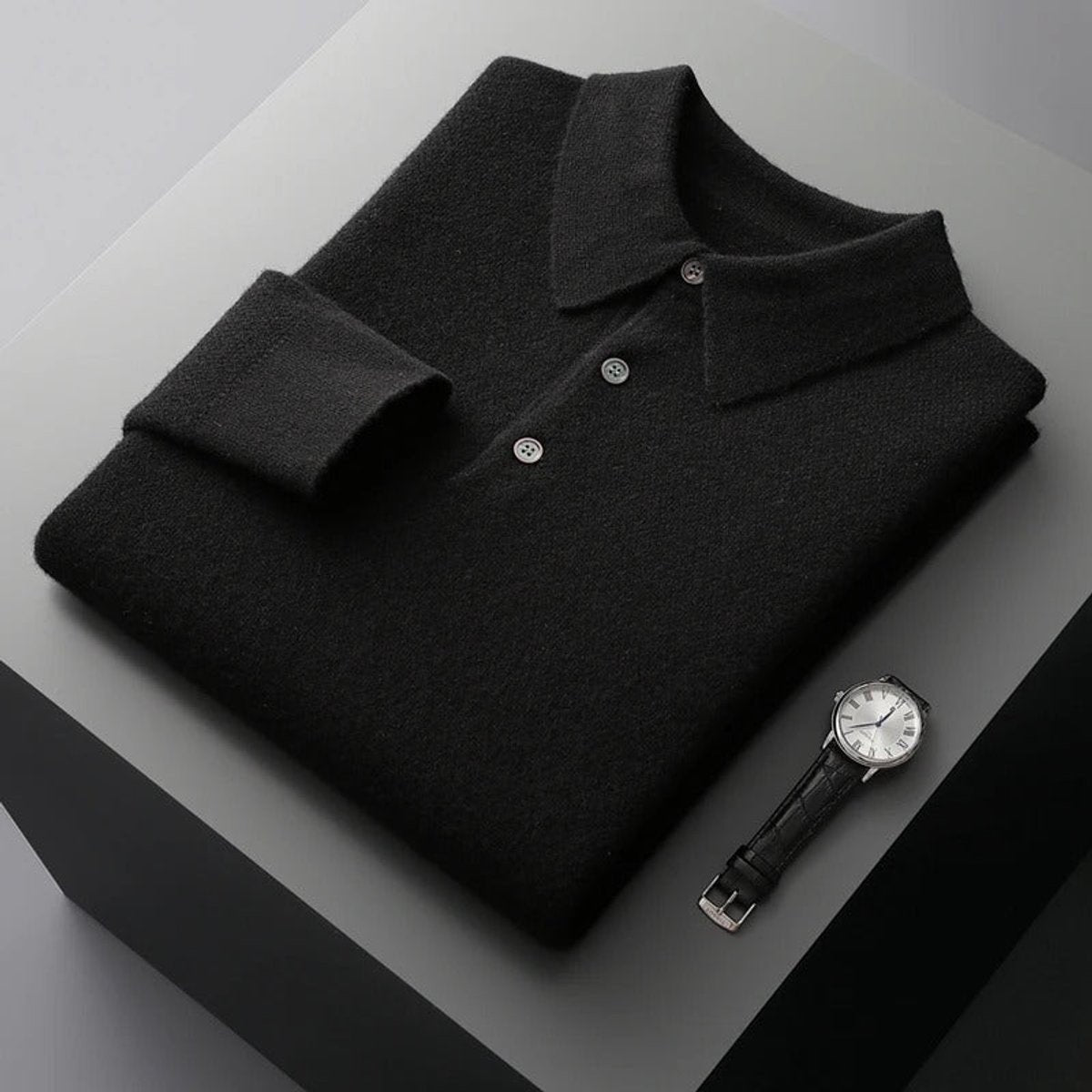 Poloshirt Herren langarm mit drei Knöpfen und Rippbund - Schwarz #Farbe_Schwarz