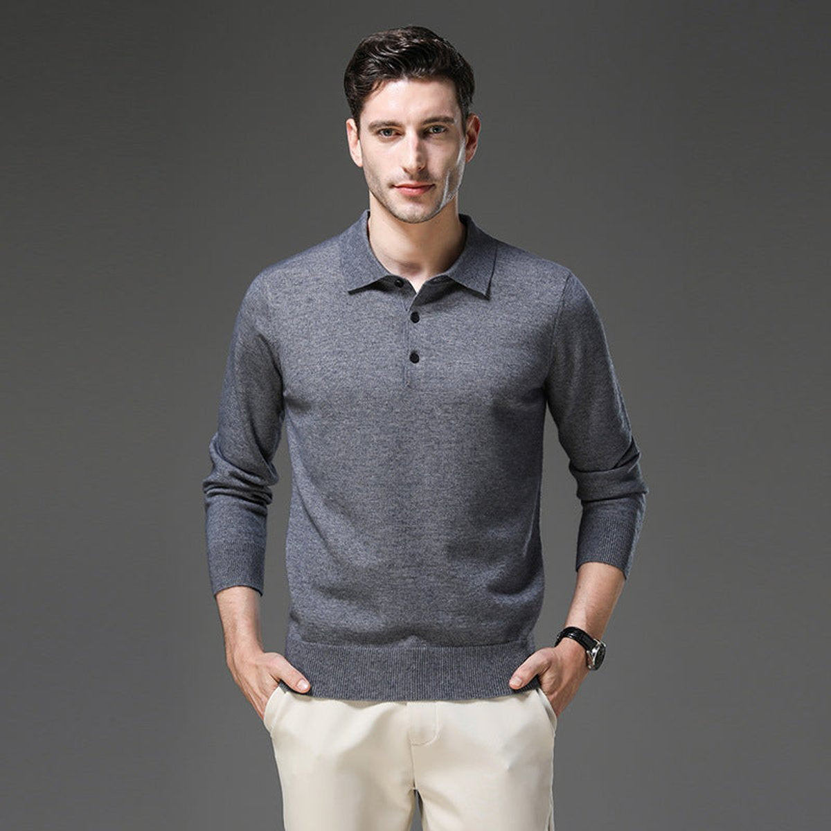 Poloshirt Herren langarm mit drei Knöpfen und Rippbund - Grau #Farbe_Grau