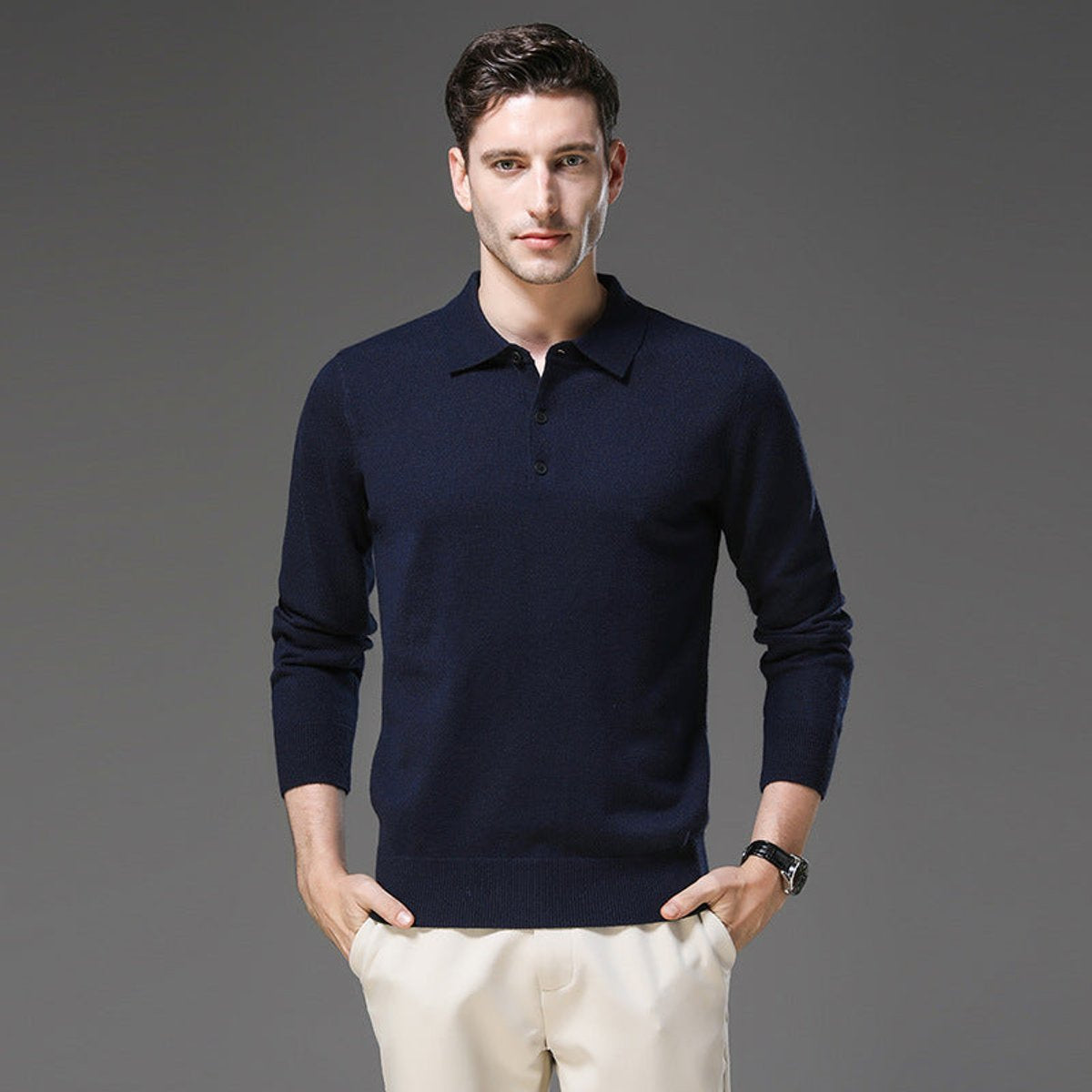 Poloshirt Herren langarm mit drei Knöpfen und Rippbund - Marineblau #Farbe_Marineblau