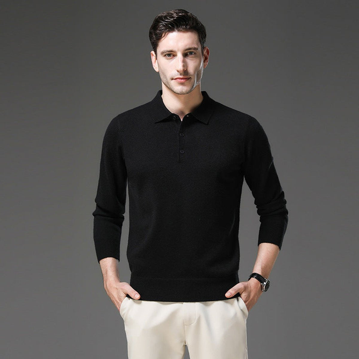 Poloshirt Herren langarm mit drei Knöpfen und Rippbund - Schwarz #Farbe_Schwarz