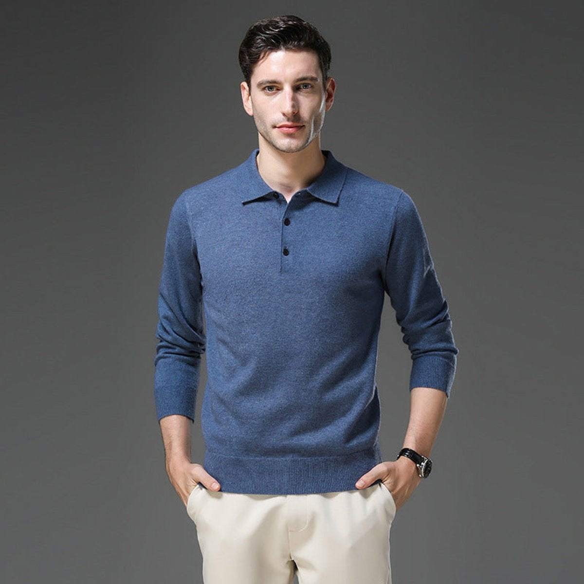 Poloshirt Herren langarm mit drei Knöpfen und Rippbund - Blau #Farbe_Blau