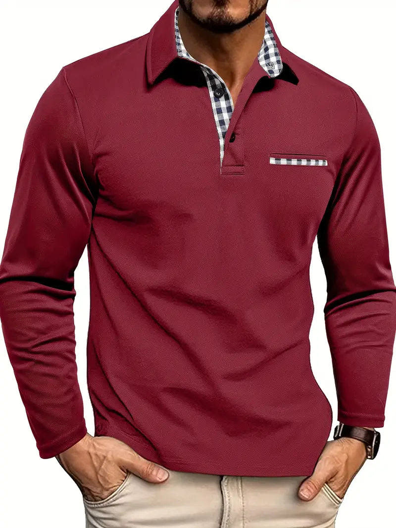 Poloshirt Herren langarm mit karierten Kontrastdetails - Rot #Farbe_Rot