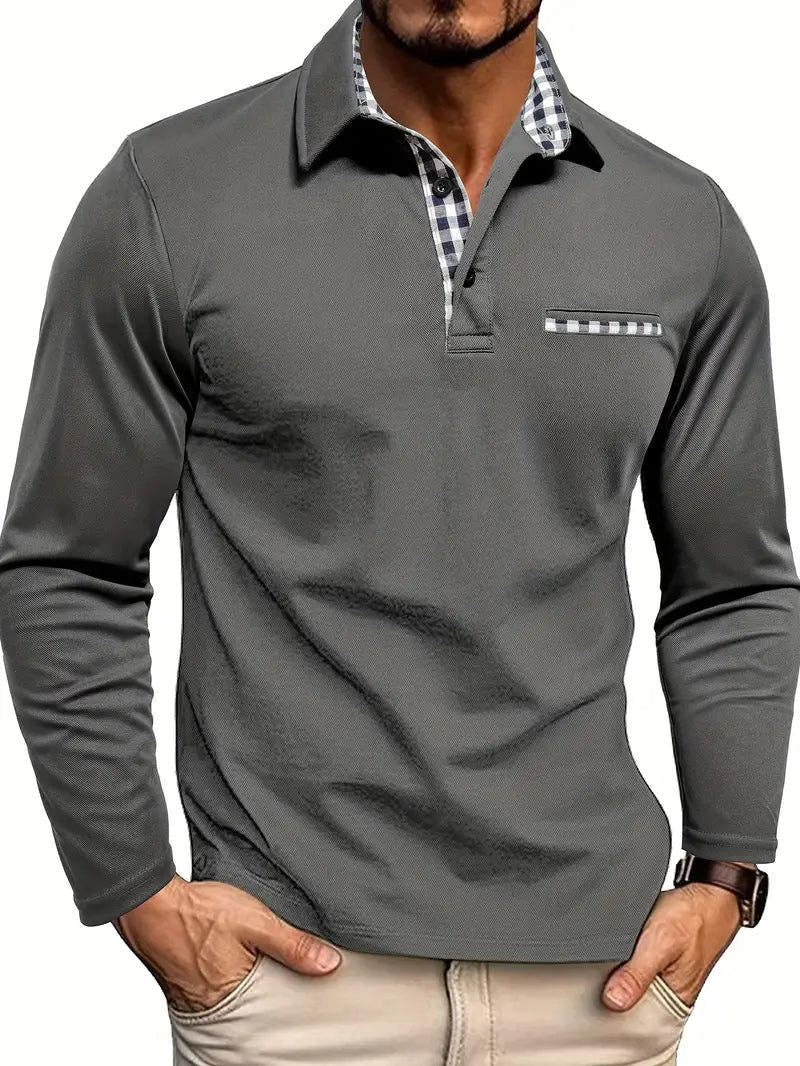 Poloshirt Herren langarm mit karierten Kontrastdetails - Grau #Farbe_Grau