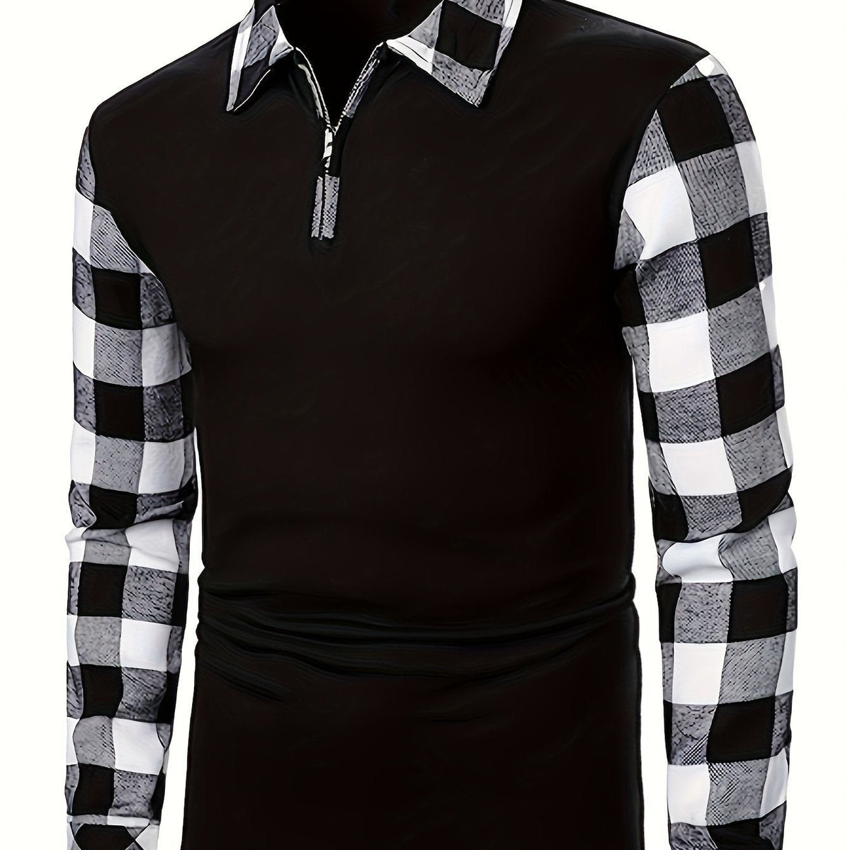 Poloshirt Herren langarm mit Karoärmeln und kurzem Zip - Weiss #Farbe_Weiss