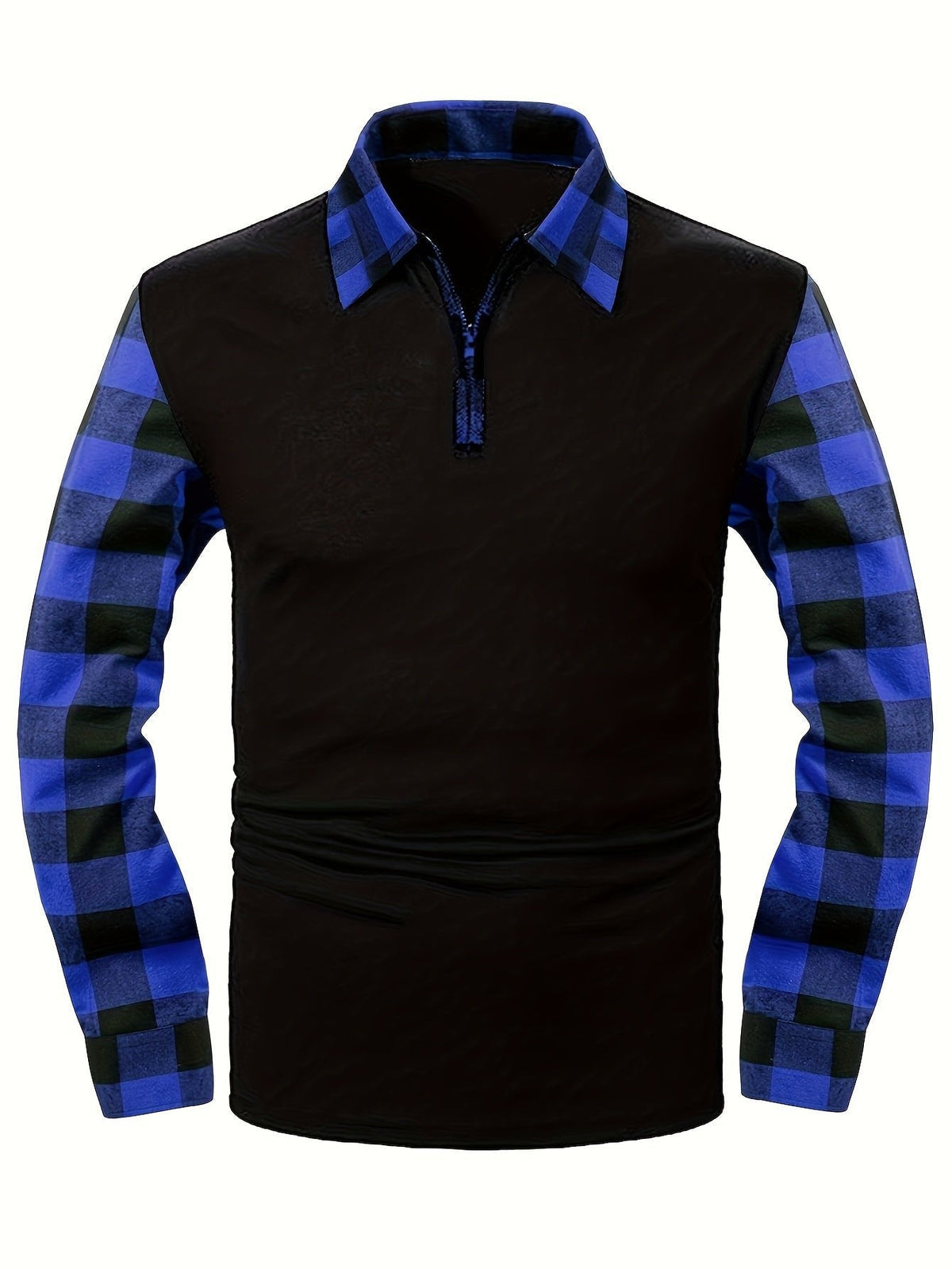 Poloshirt Herren langarm mit Karoärmeln und kurzem Zip - Königsblau #Farbe_Königsblau