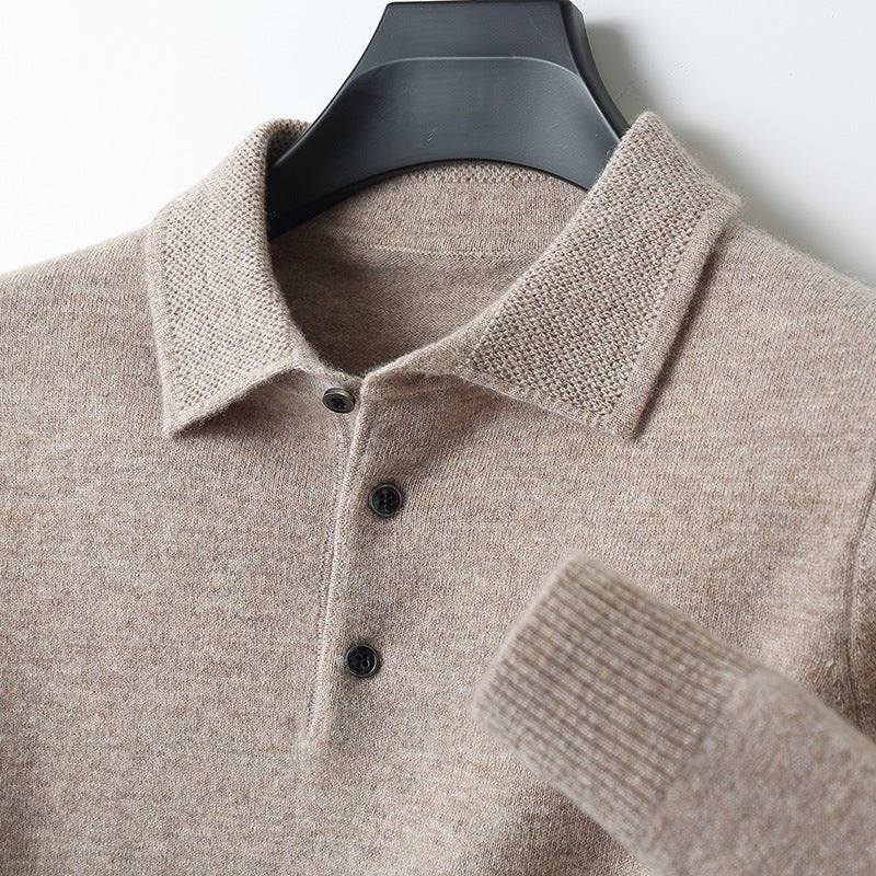 Poloshirt Herren Langarm mit Kragen und drei Knöpfen - Khaki #Farbe_Khaki