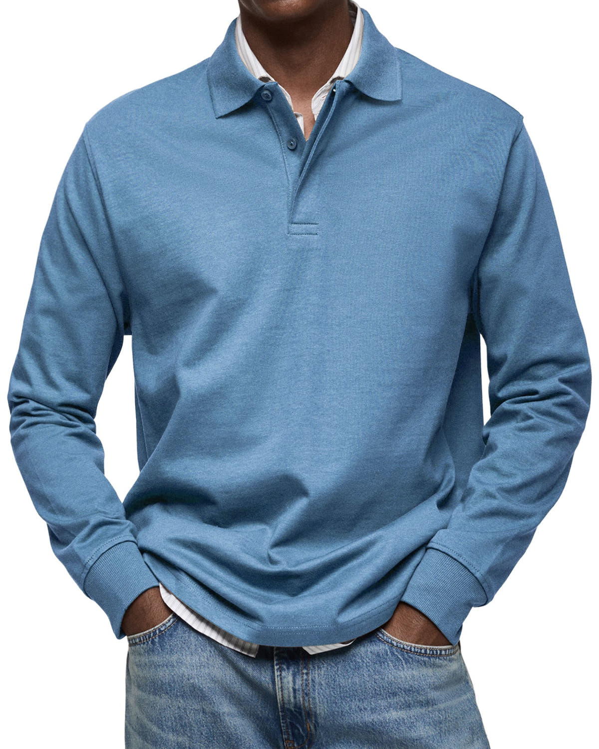 Poloshirt Herren langarm mit kurzer Blende und Ärmelbund - Blau #Farbe_Blau