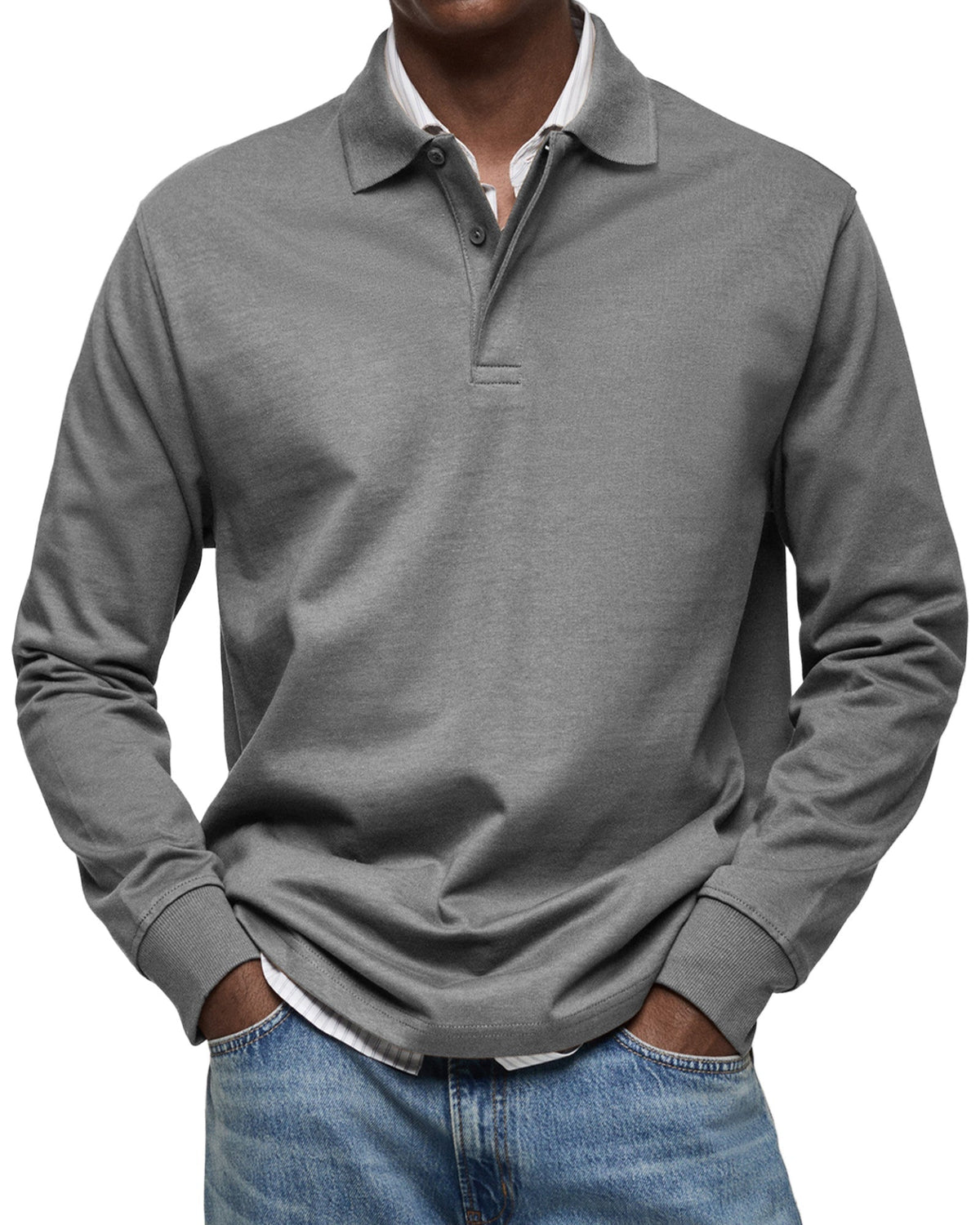 Poloshirt Herren langarm mit kurzer Blende und Ärmelbund - Grau #Farbe_Grau