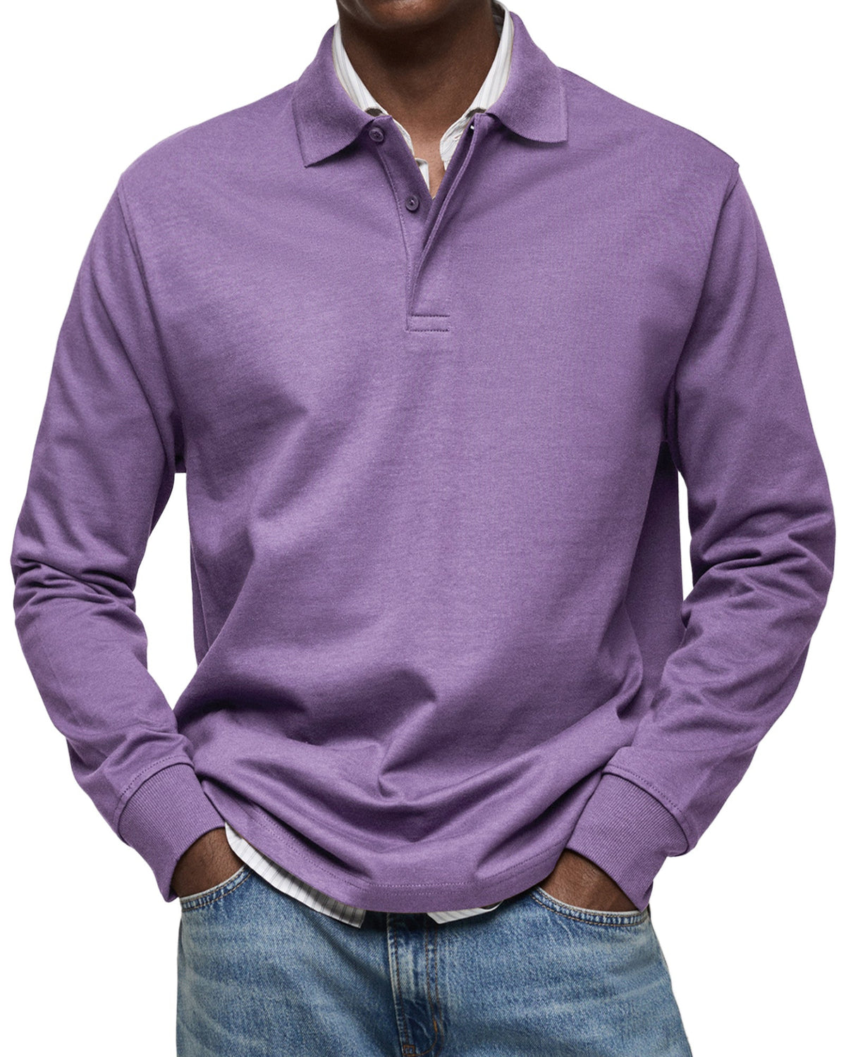 Poloshirt Herren langarm mit kurzer Blende und Ärmelbund - Violett #Farbe_Violett