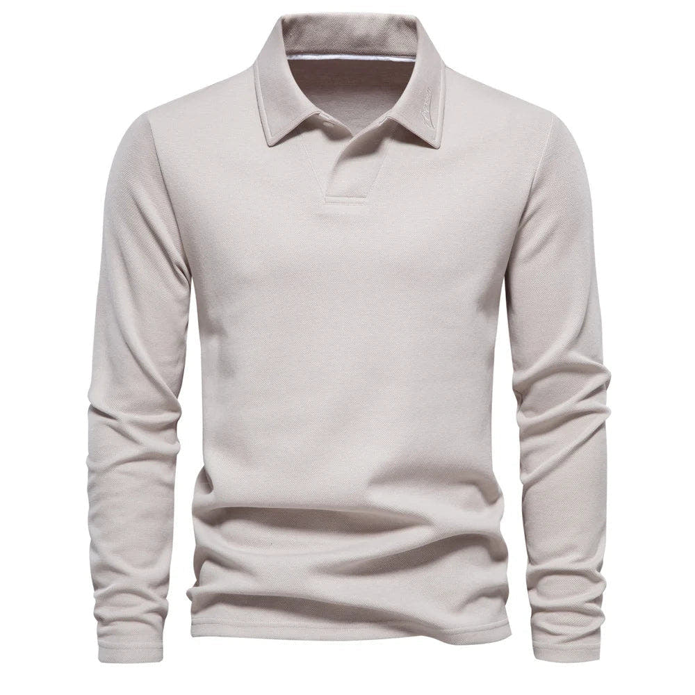 Poloshirt Herren langarm mit offener kurzer Halsblende - Beige #Farbe_Beige