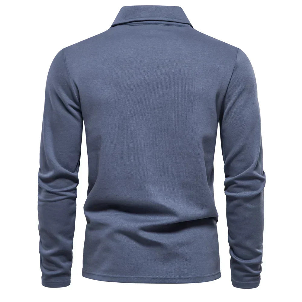 Poloshirt Herren langarm mit offener kurzer Halsblende - Blau #Farbe_Blau