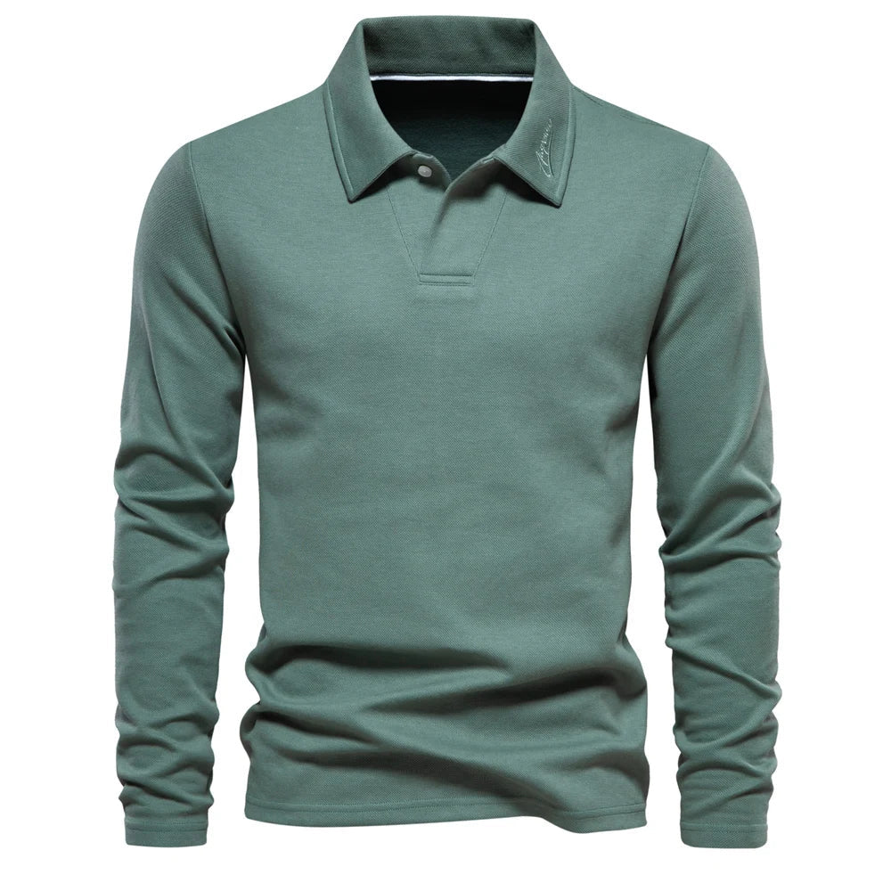 Poloshirt Herren langarm mit offener kurzer Halsblende - Grün #Farbe_Grün